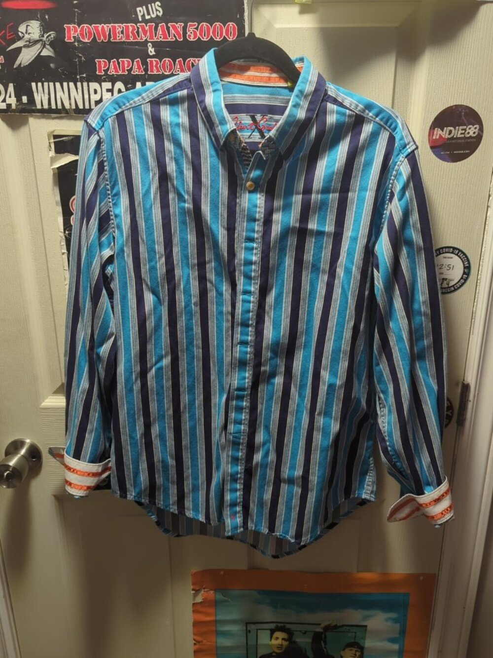 Robert Graham X Shirt Mens Medium Purple Blue Stripe Flip Cuff Classic Button